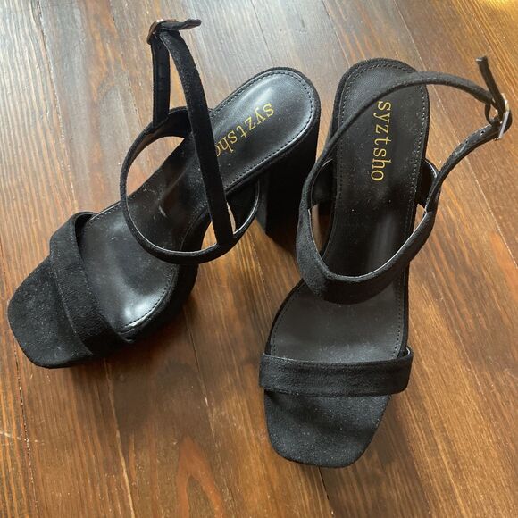 Black 5" High Block Heel 1.5"PLATFORM Open Toe Shoes WOMEN Size 9.5 - Picture 1 of 12